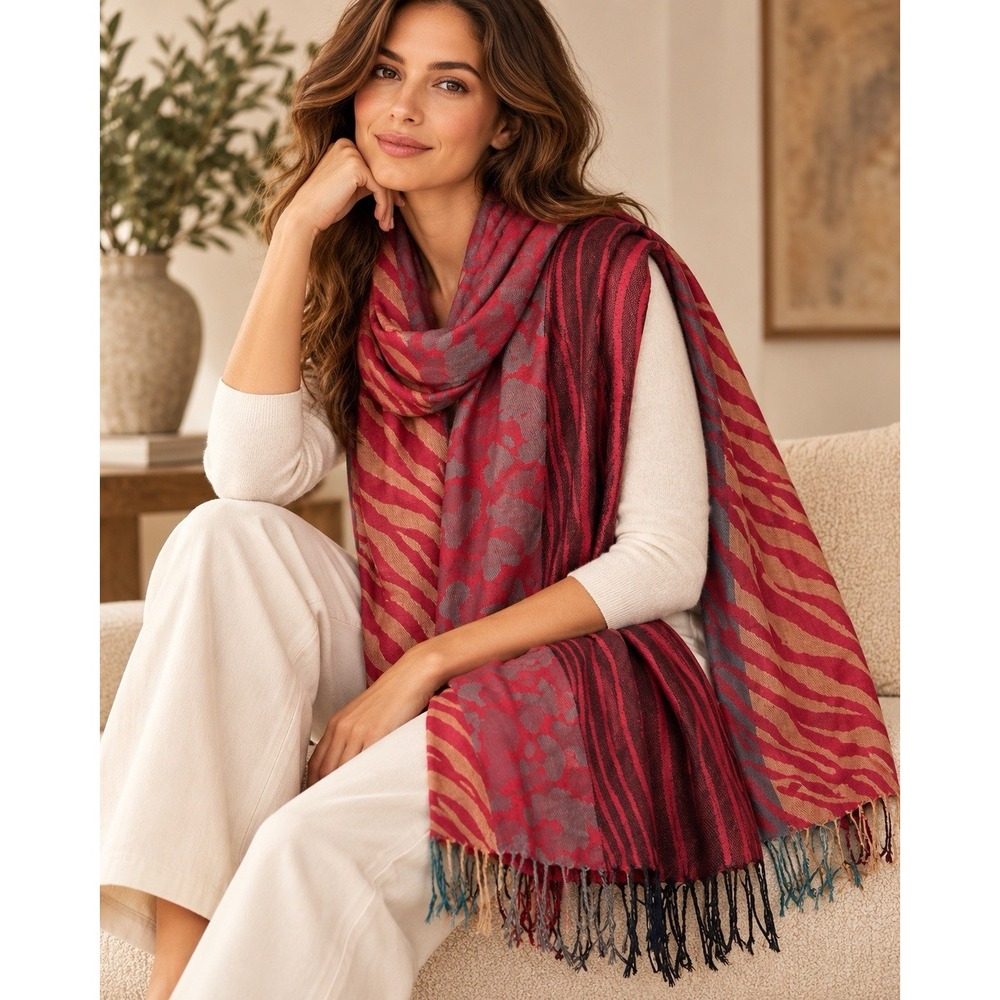 Animal Print Scarf Wrap Women Red Tan Gray Zebra Leopard Stripe Fringe 76x28